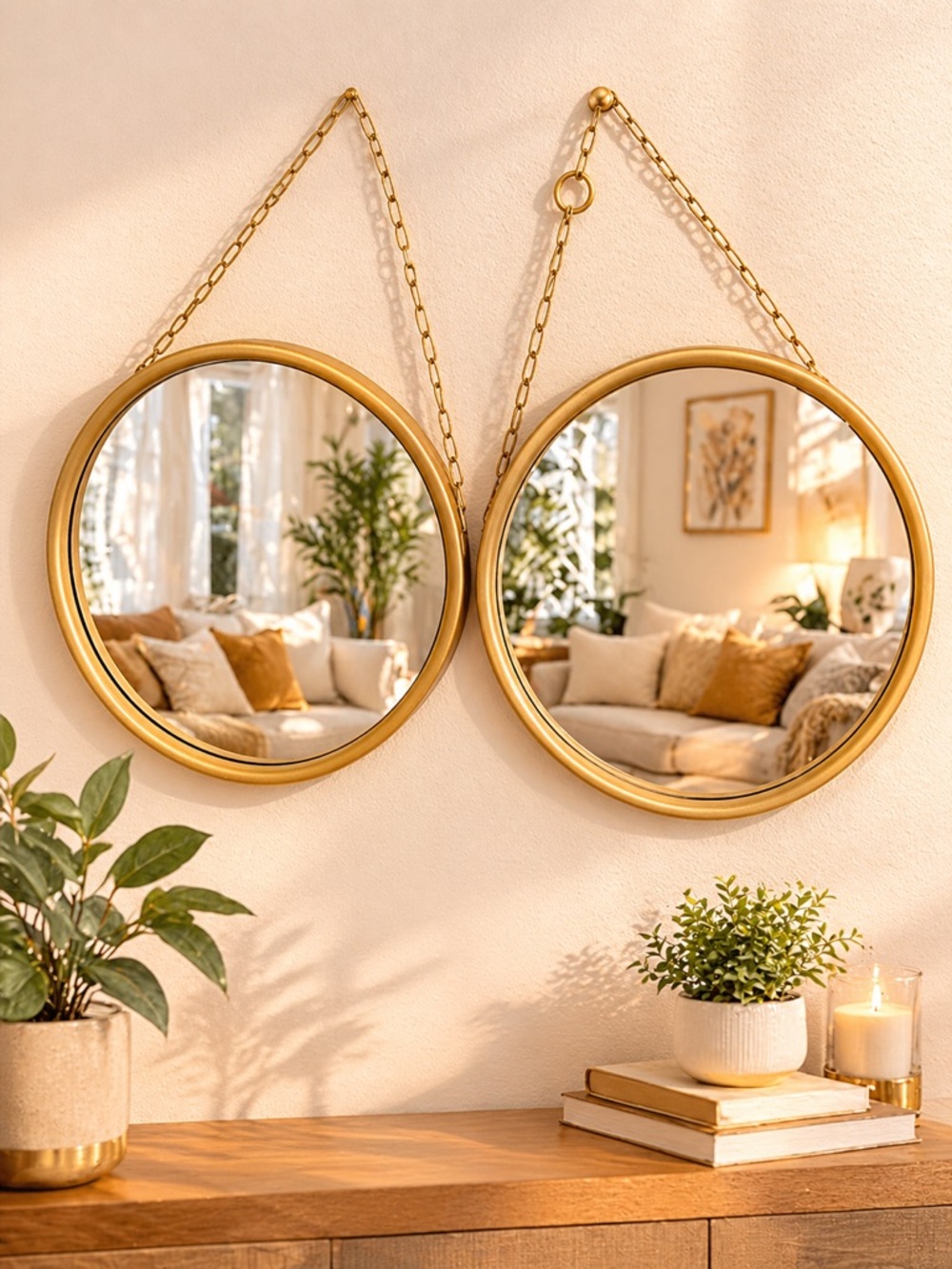 Gold Hanging Round Wall Mirrors (Set of 2)
